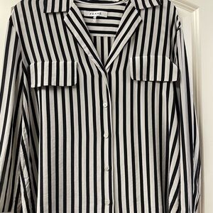 Frame silk shirt, small, black and grey stripes, button down, long sleeves.